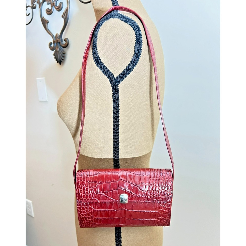 VTG Lauren Ralph Lauren Red‎ Croc Embossed Leather Shoulder Clutch Card Holder